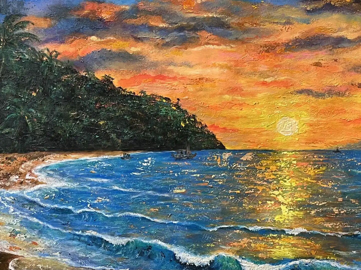 bali sunset painting tropical headland blue ocean jukung fishing boats golden sky close up palette knife impasto detail arts of bali