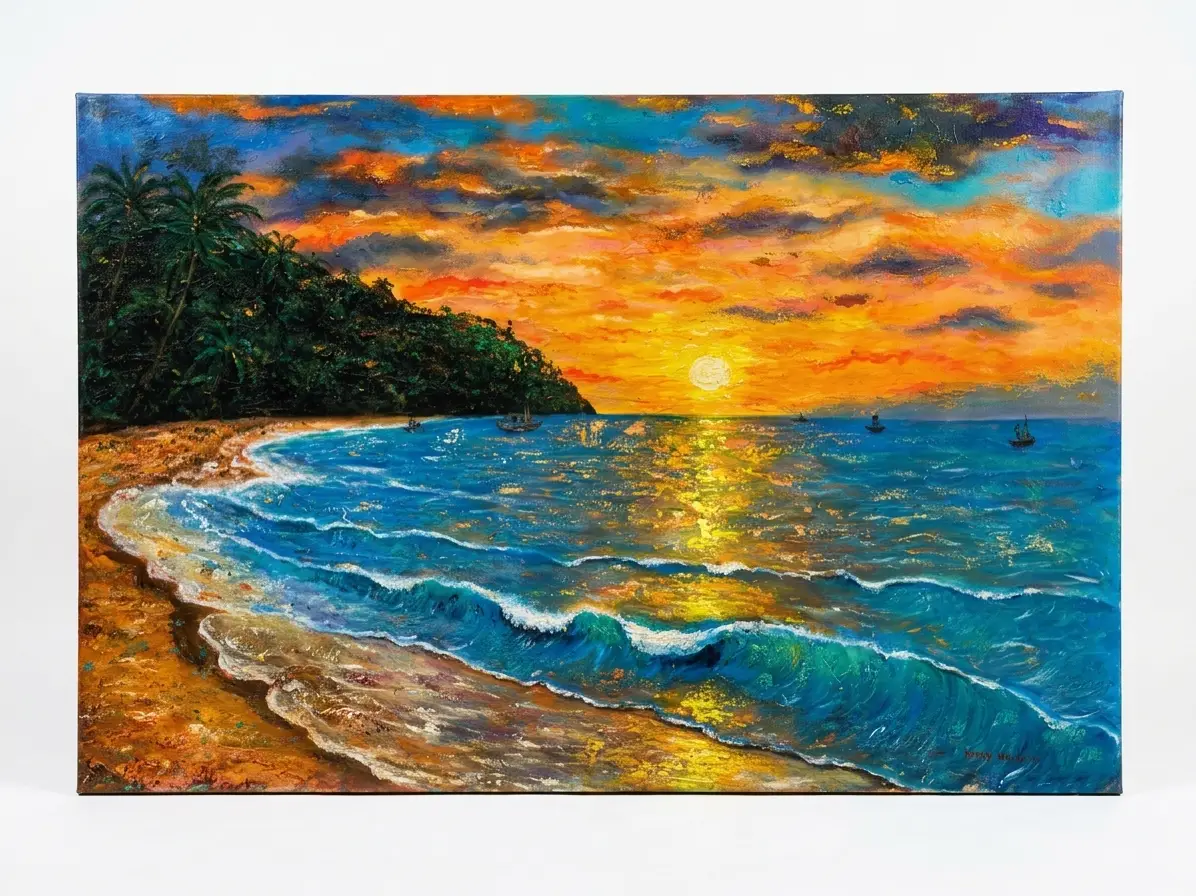 bali sunset landscape painting large format turquoise ocean tropical headland sailboats golden horizon palette knife impasto arts of bali seminyak