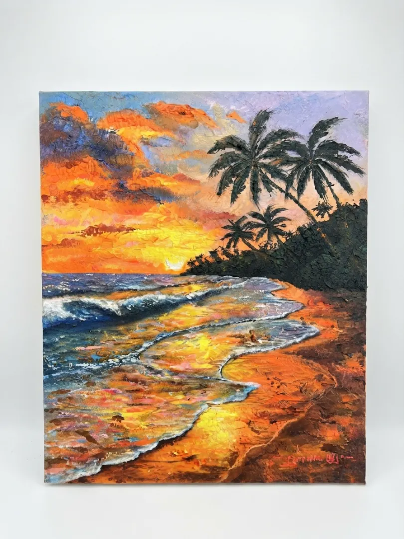 bali sunset palette knife oil painting palm tree silhouette dramatic orange sky heavy impasto texture original canvas arts of bali seminyak
