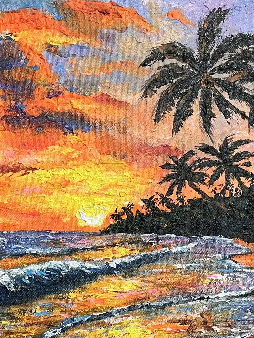 bali sunset palette knife painting impasto texture detail orange red sky palm silhouette close up original canvas arts of bali seminyak