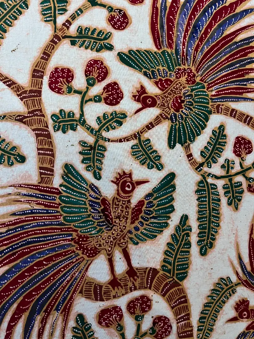 batik cendrawasih painting close-up two birds of paradise on flowering branch arts of bali