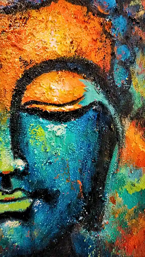 Buddha Painting Bali, close-up detail of sand-texture technique showing orange and teal brushwork, Arts of Bali Seminyak