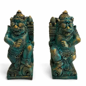 Pair of antique green patina hand-carved Balinese Dwarapala temple guardian statues, Indonesian decorative art Arts of Bali Seminyak