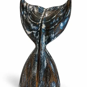 Handcrafted rustic metal whale tail sculpture with distressed vintage patina finish, Indonesian decorative art Arts of Bali Seminyak