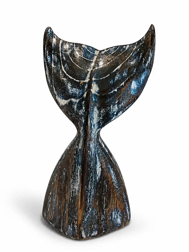 Handcrafted rustic metal whale tail sculpture with distressed vintage patina finish, Indonesian decorative art Arts of Bali Seminyak