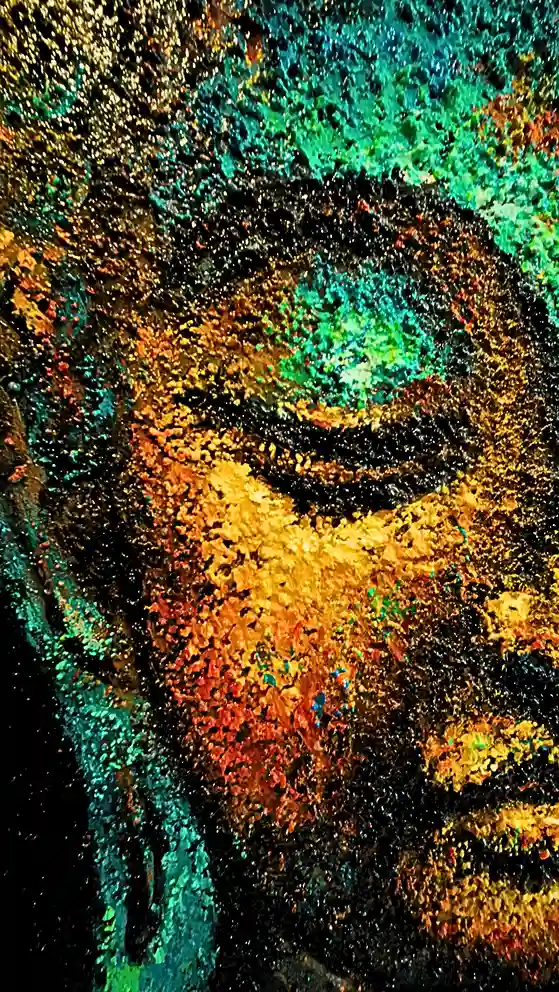 Emerald Ember Buddha Painting, close-up detail of teal and gold sand-texture brushwork, Arts of Bali gallery Seminyak, new arrival