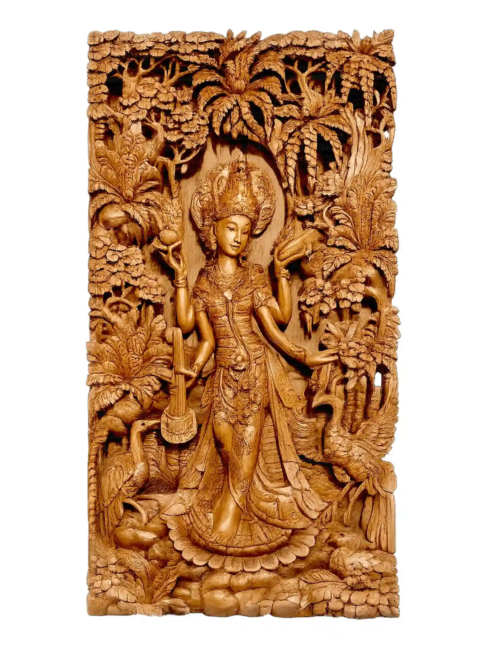 Goddess Saraswati in the Sacred Forest Wooden Relief Panel - Arts of Bali Goddess Saraswati in the Sacred Forest Wooden Relief Panel