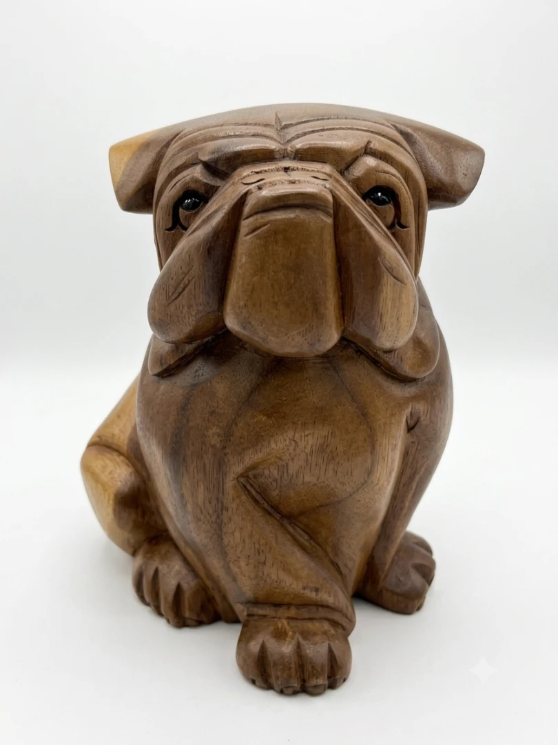 Hand-carved wooden English Bulldog sculpture, seated pose, natural wood finish — Arts of Bali gallery Seminyak