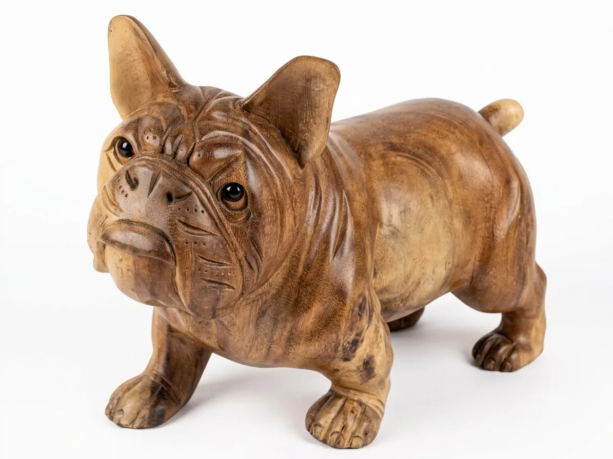 Hand-carved wooden French Bulldog sculpture, natural wood-grain finish with deep wrinkle detailing, standing pose — Arts of Bali gallery Seminyak