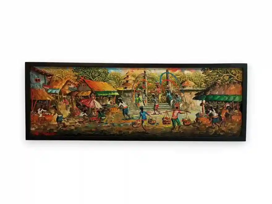 horizontal balinese market painting full canvas warm tones temple gate arts of bali