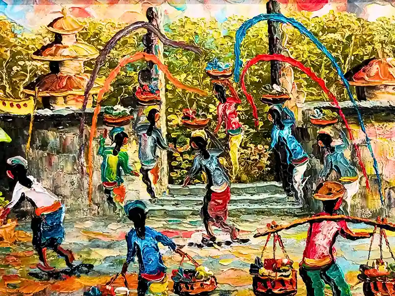 horizontal balinese market painting close-up detail ceremonial arch offering bearers arts of bali