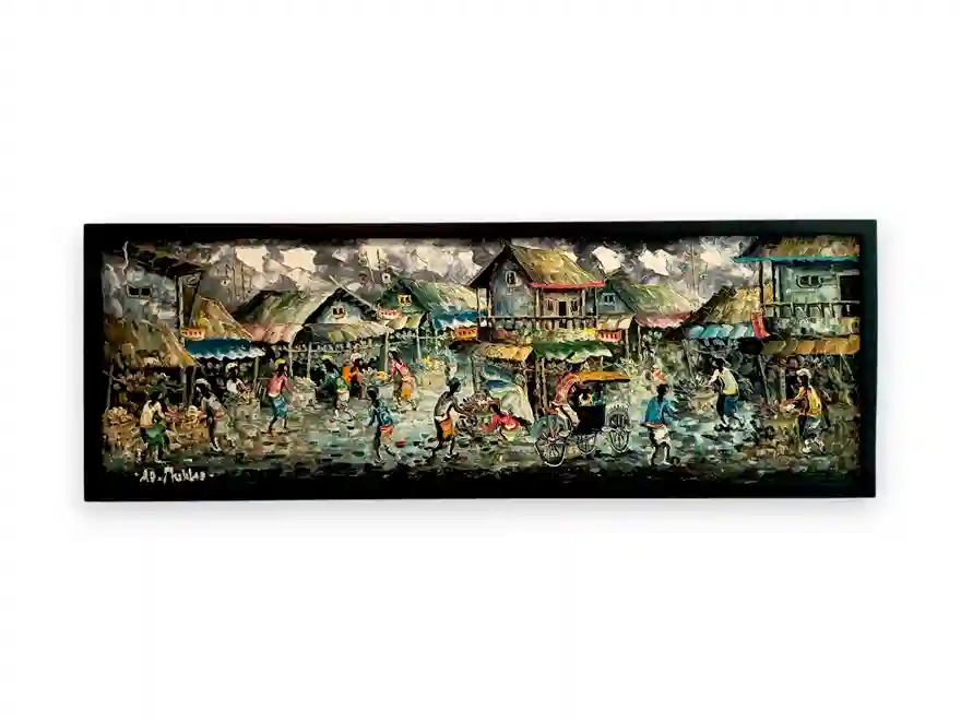 horizontal monochrome market painting full canvas black and white village scene arts of bali
