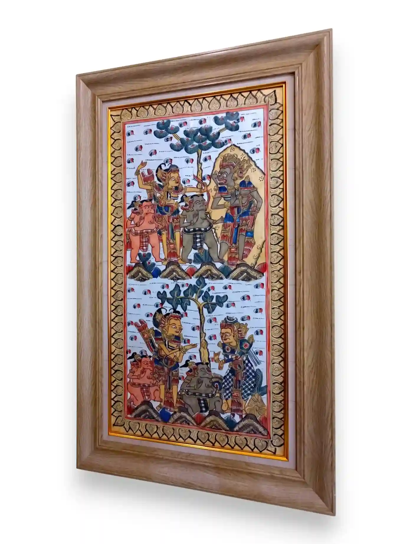 Traditional Kamasan painting in natural wood frame illustrating two stacked scenes from the Arjuna Wiwaha epic, Arts of Bali