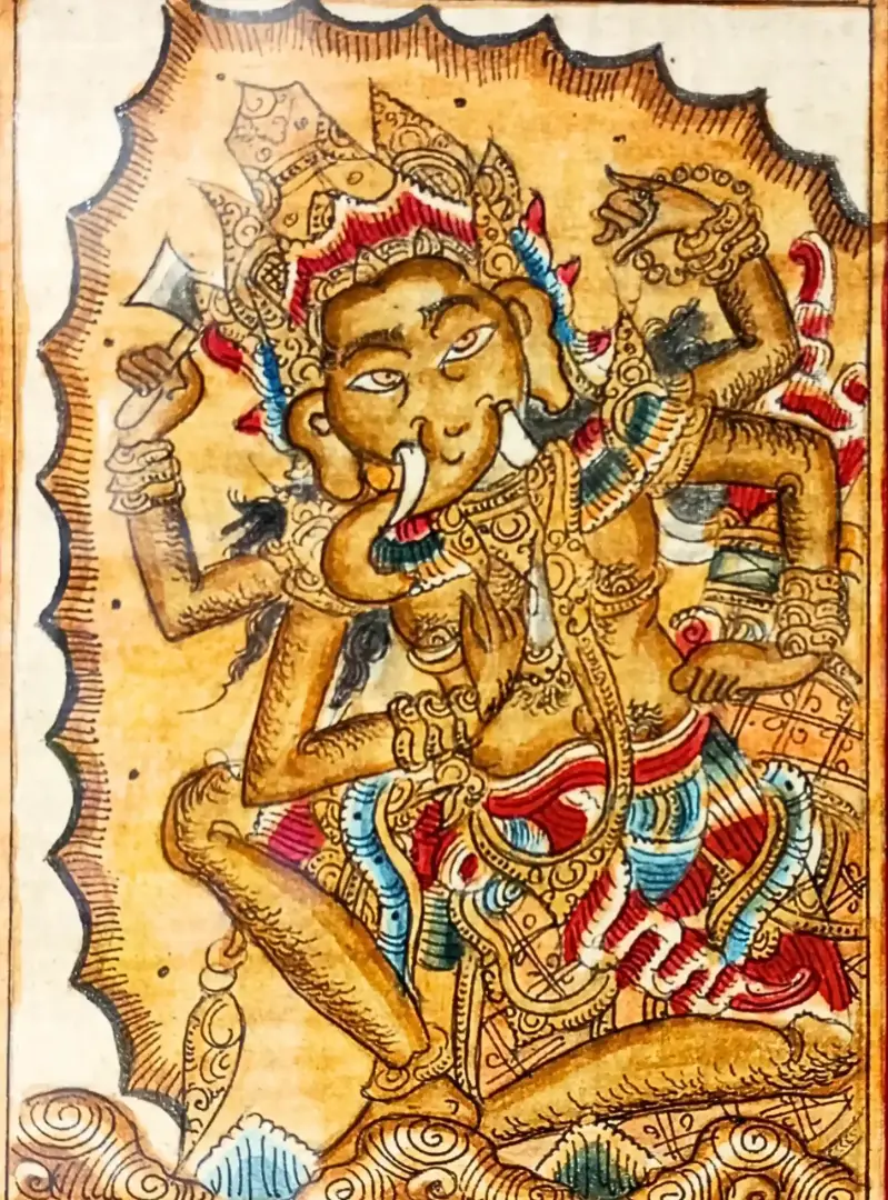 kamasan ganesha painting close-up wayang detail axe and tusk hand-painted arts of bali