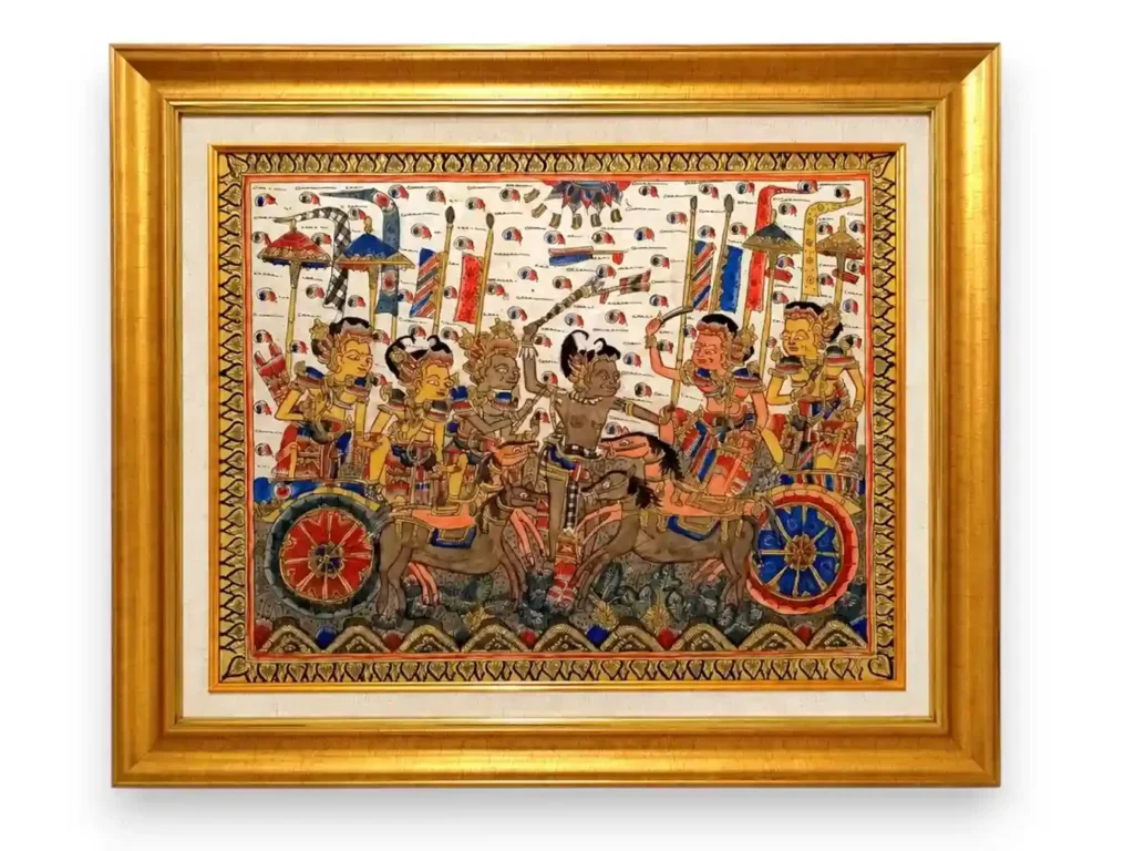 Kamasan-style Balinese painting, classical wayang scene in a gold frame, Arts of Bali gallery