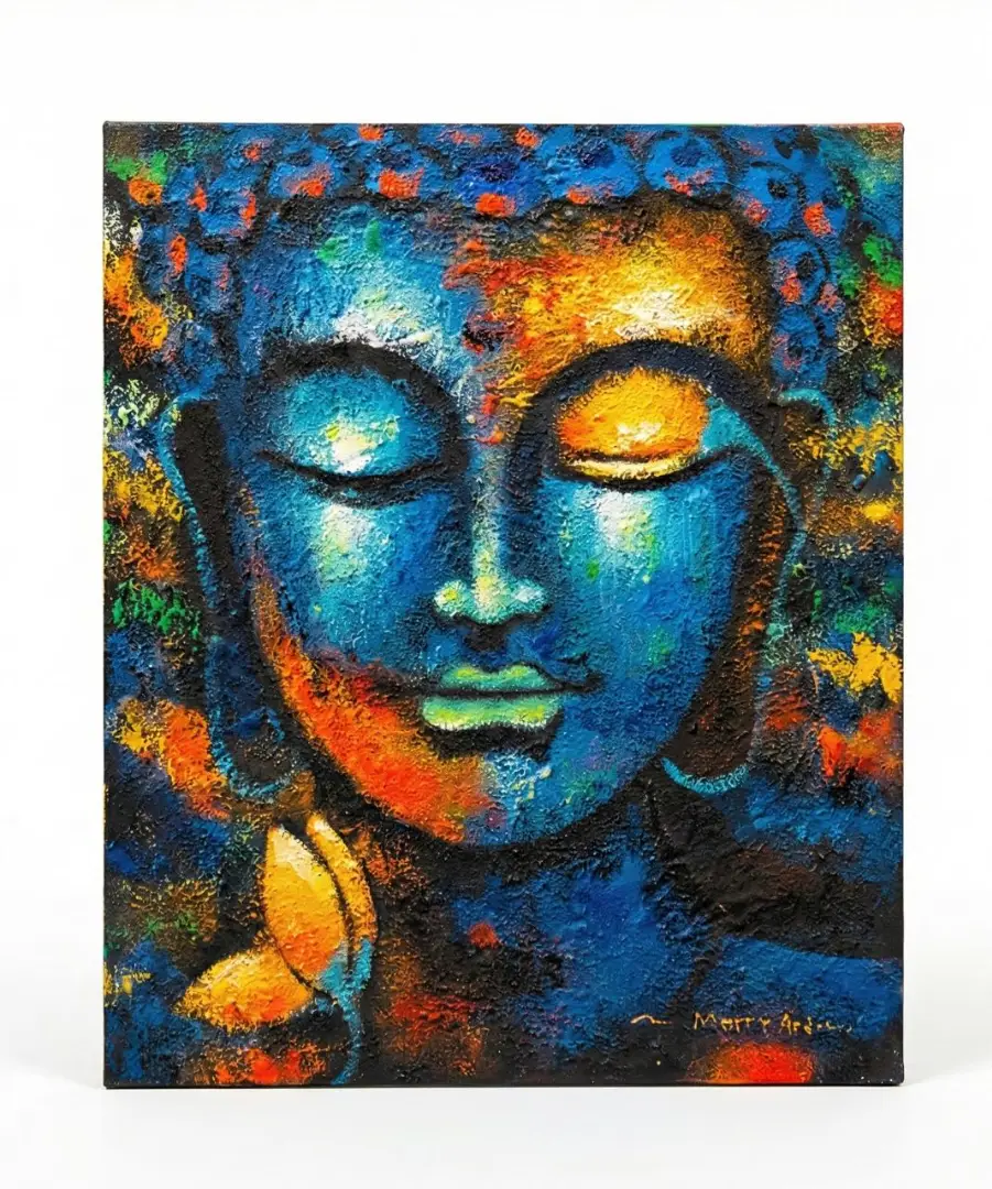 Mystic Buddha Reflection Painting, unframed canvas view showing blue and gold sand-texture detail with lotus motif, Arts of Bali gallery Seminyak