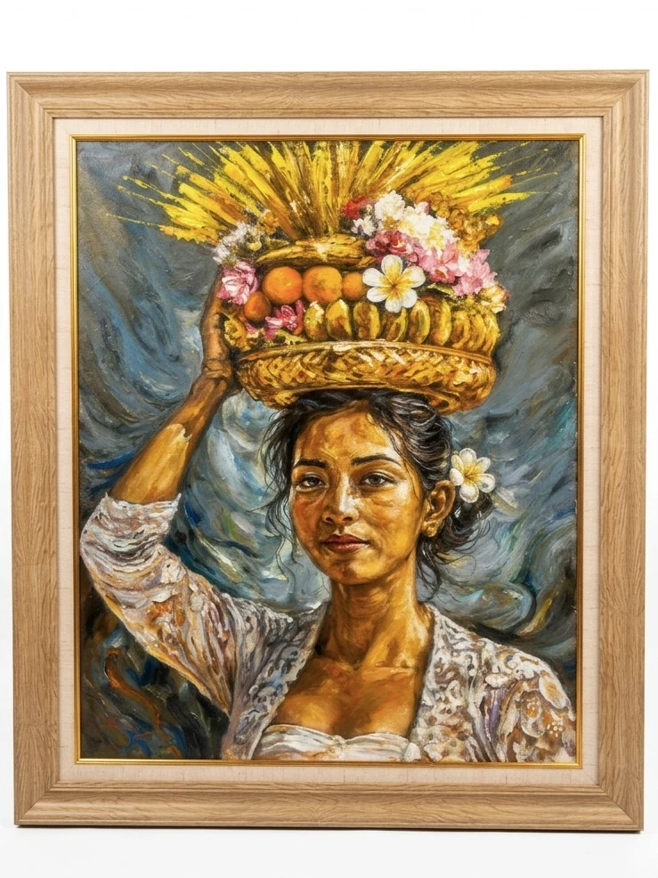 original balinese oil painting gadis bali woman carrying ceremonial offering basket natural wood frame arts of bali seminyak