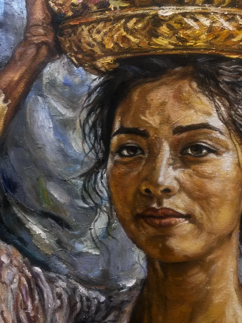 close up detail of original oil painting bali thick palette knife texture uneven canvas edge proof of authenticity