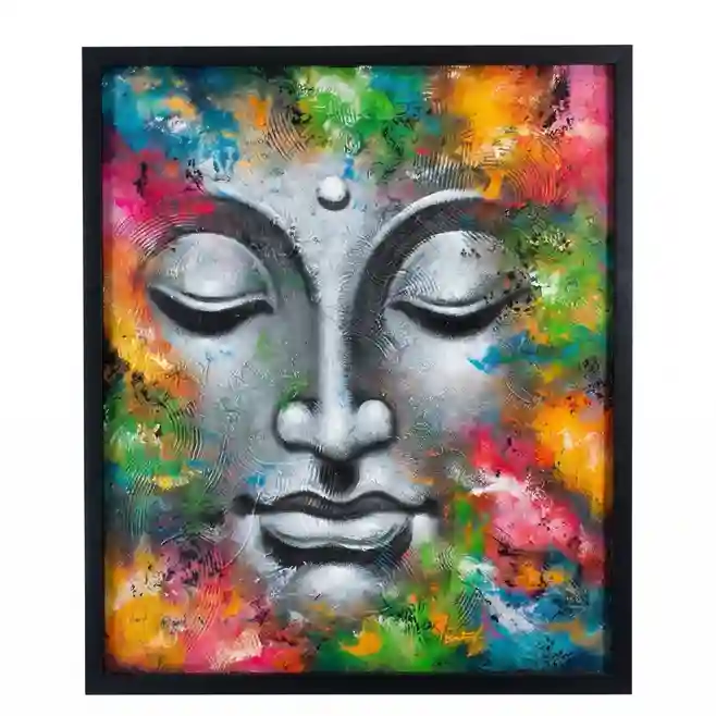 Silver Buddha Rainbow Burst Painting, new monochrome silver Buddha portrait on vibrant rainbow-splash background, Arts of Bali gallery Seminyak, new arrival