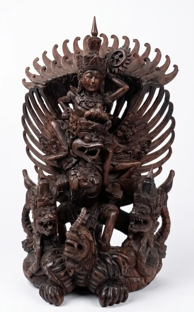 lord vishnu riding garuda wood statue dark antique finish 40x25cm arts of bali seminyak