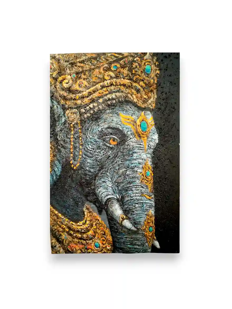 textured ganesha painting sand technique full view gold teal crown dark background arts of bali