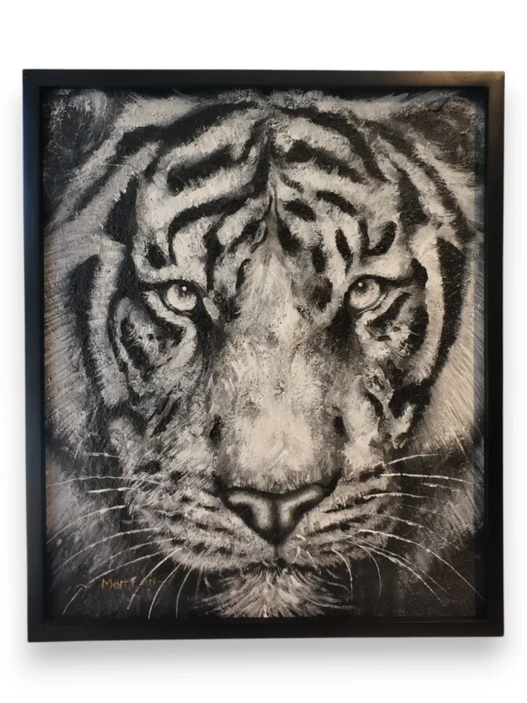 Tiger painting Bali — monochrome textured tiger portrait, new arrival at Arts of Bali gallery Seminyak