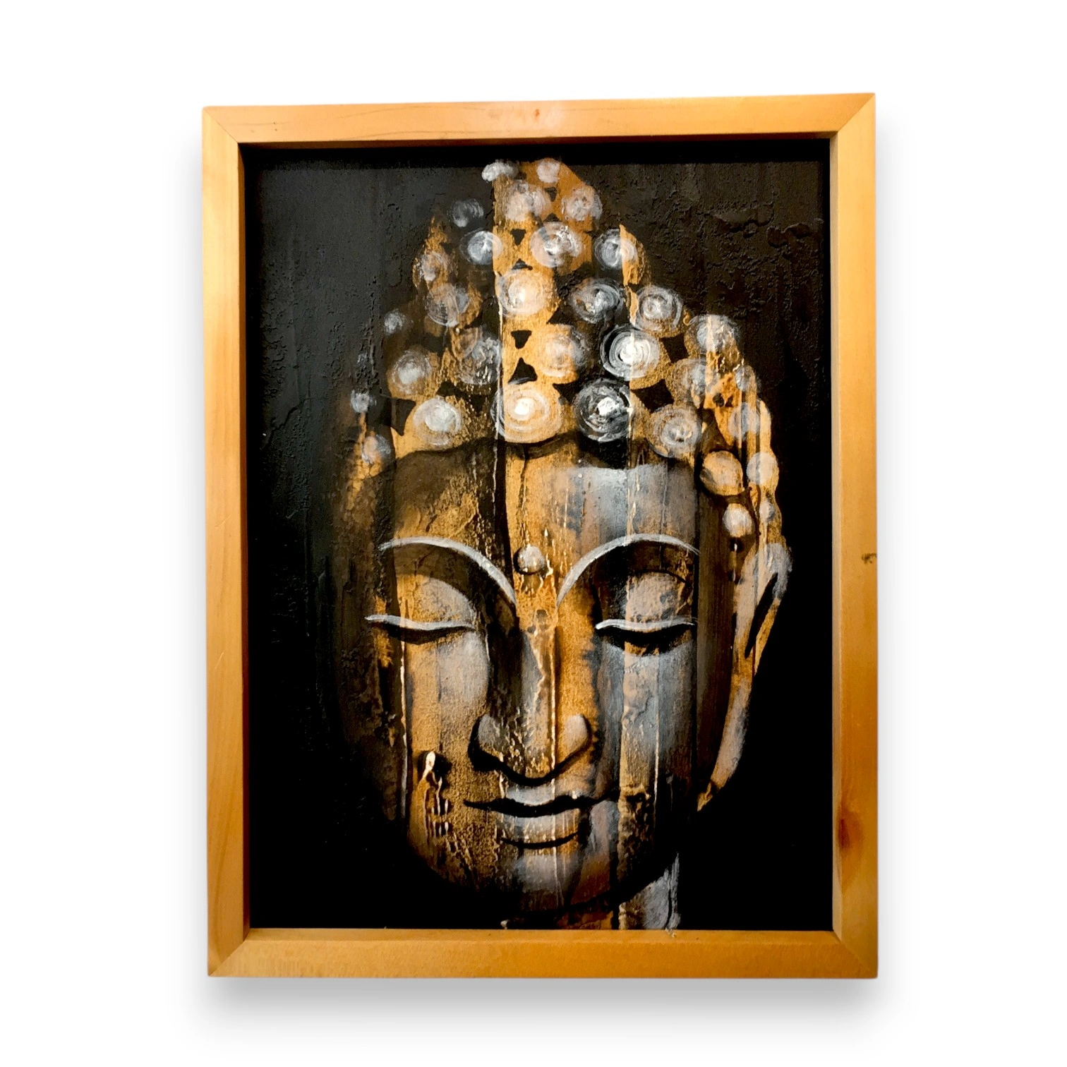 Wood-Textured Buddha Painting, new Buddha portrait with carved wood-grain finish in a wooden frame, Arts of Bali gallery Seminyak, new arrival