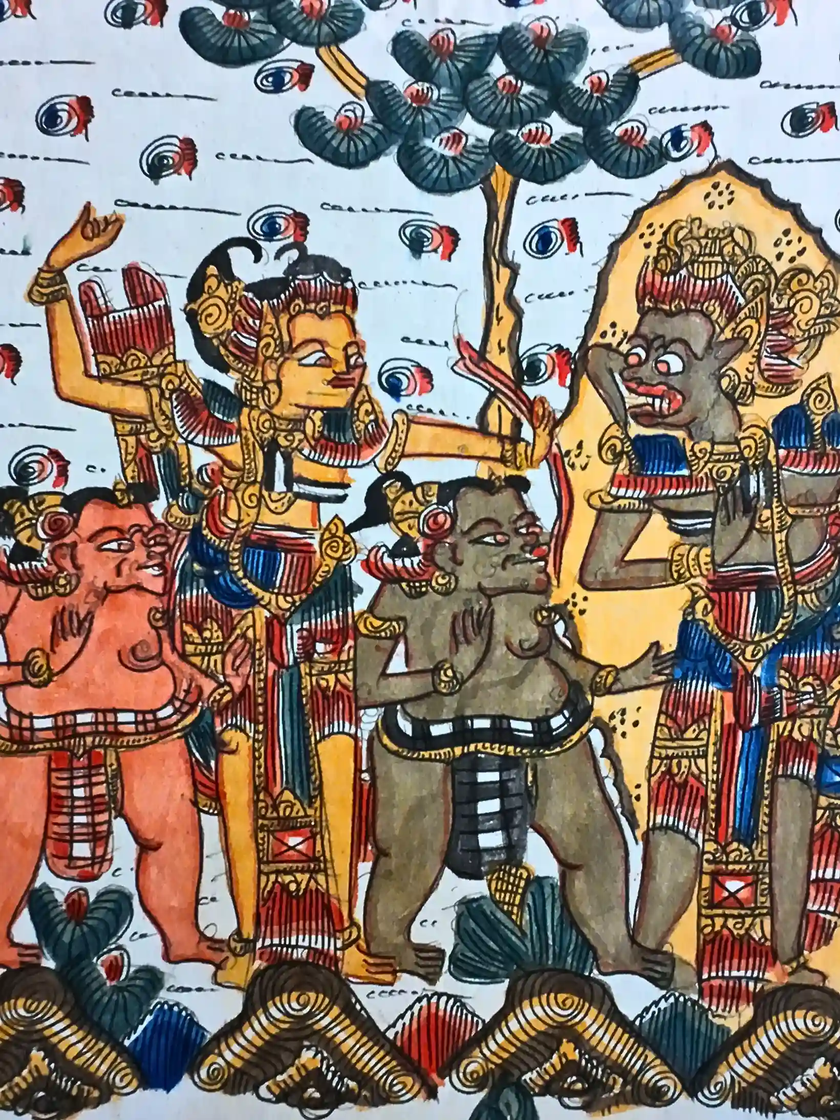 Close-up detail of Kamasan painting showing hand-painted figures and sacred motifs from the Arjuna Wiwaha story, Arts of Bali