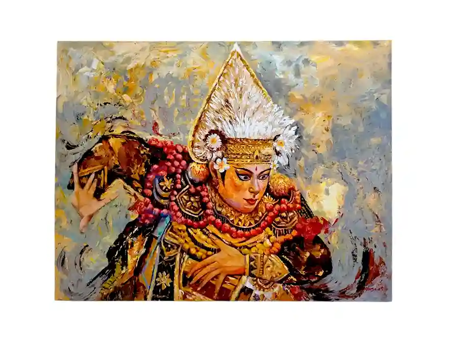 Expressive palette knife painting of a Balinese traditional dancer in ornate golden headdress from Arts of Bali.