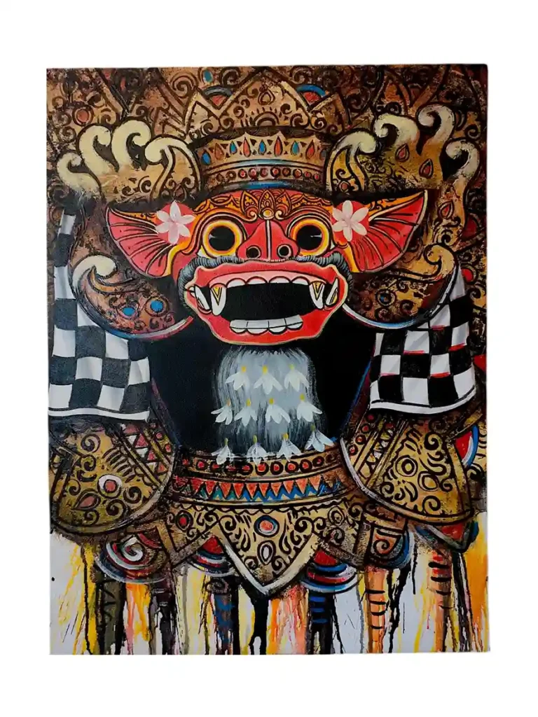 Impressionist painting of sacred Balinese Barong mask with poleng cloth and golden ornaments from Arts of Bali.