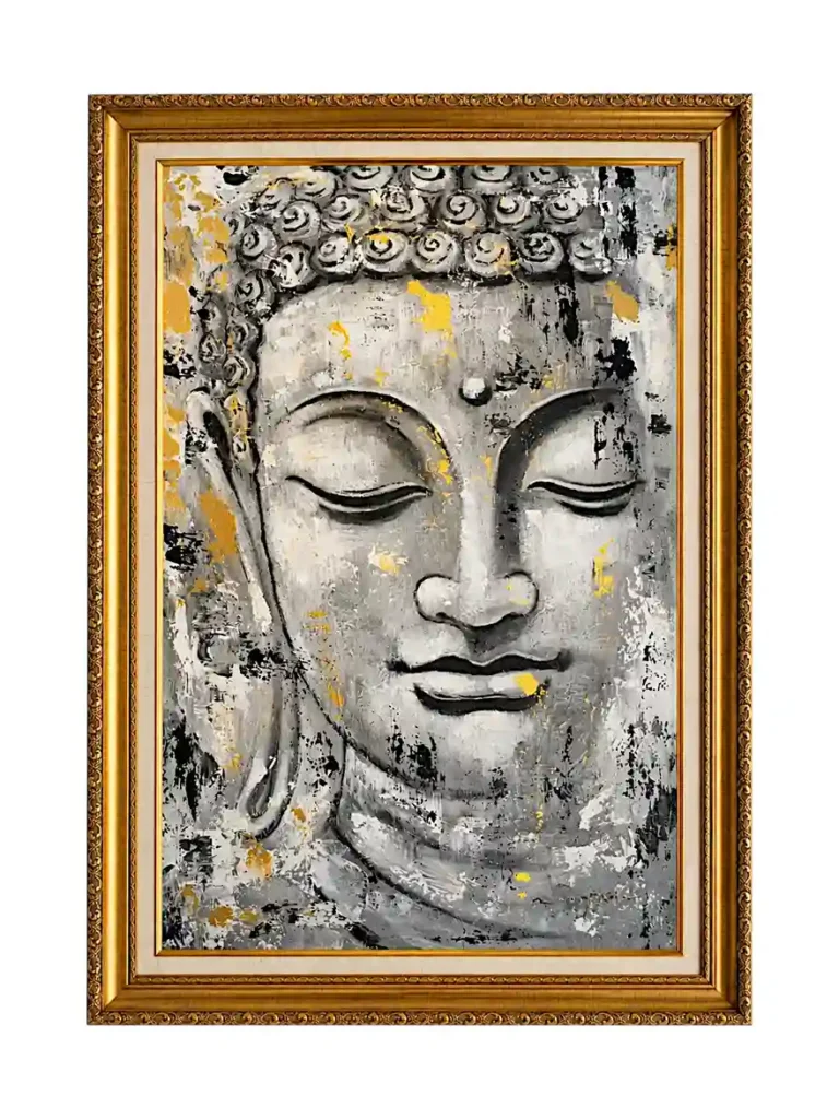 Modern palette knife painting of serene Buddha face with gold accents framed in gold from Arts of Bali.
