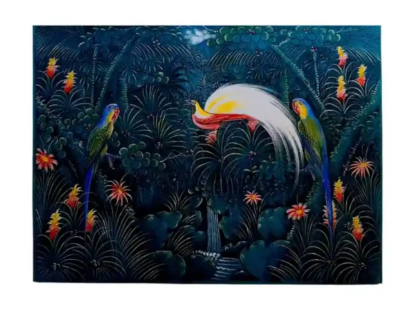 Traditional Ubud style painting of exotic birds and parrots in dense tropical jungle from Arts of Bali.