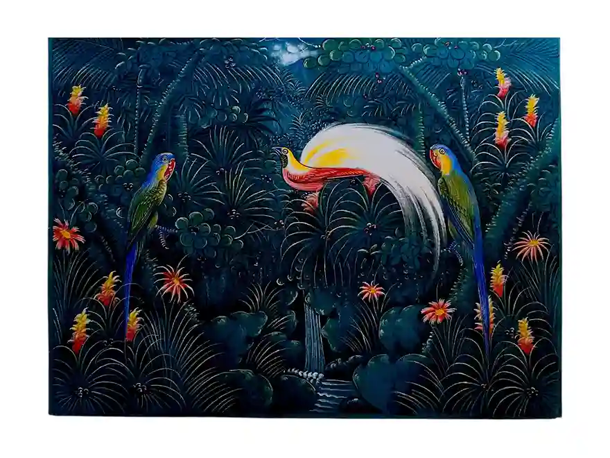 Traditional Ubud style painting of exotic birds and parrots in dense tropical jungle from Arts of Bali.