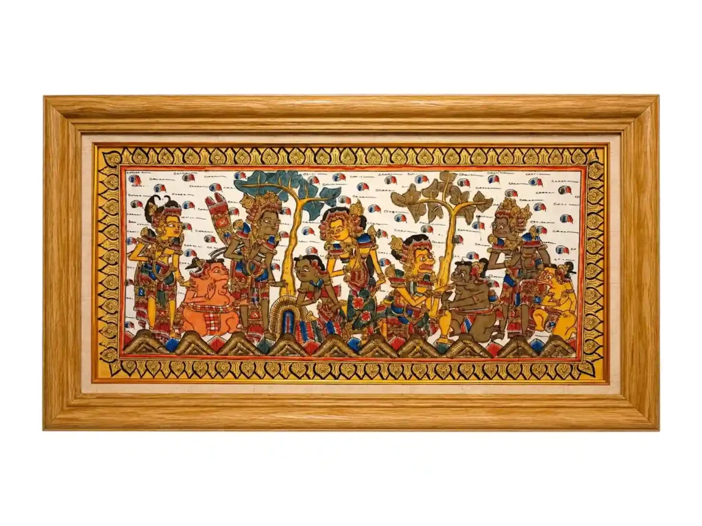 Classic MahabraKamasan traditional painting of the Court of Mahabharata Sages in horizontal wooden frame from Arts of Bali.
