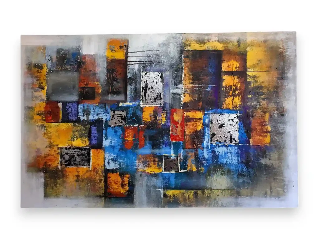 Contemporary textured abstract painting with vibrant blue, orange, and yellow blocks on cotton canvas from Arts of Bali.