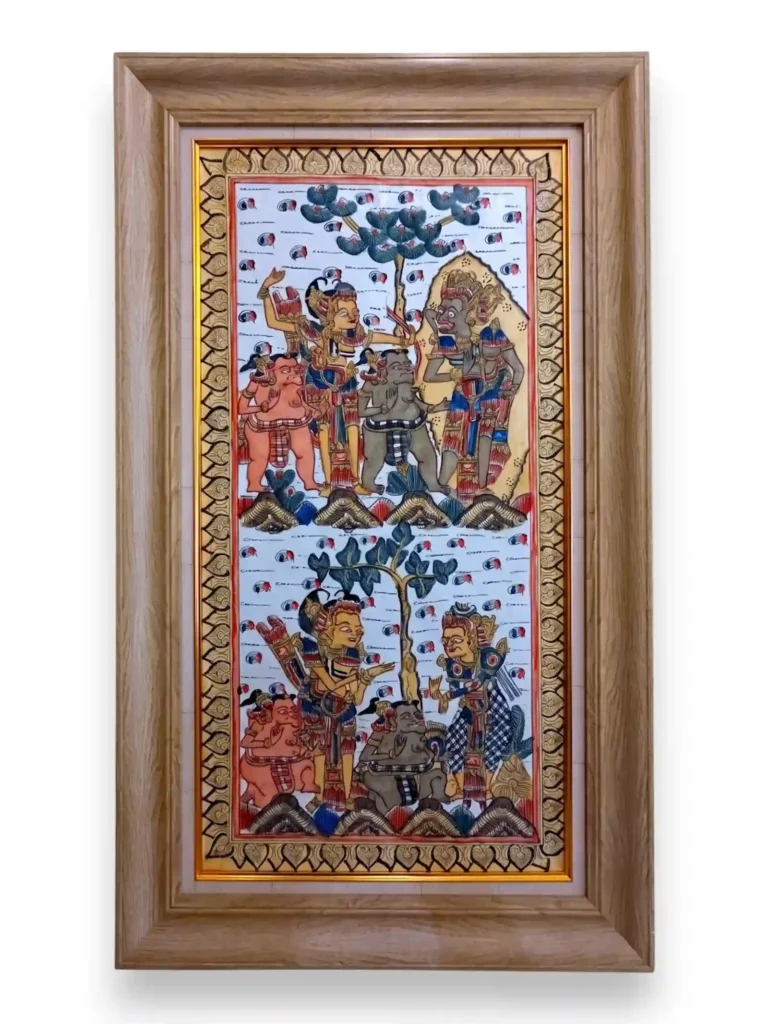 Hand-painted traditional Balinese Arjuna Wiwaha Kamasan artwork framed in warm wood, authentic Indonesian mythology piece from Arts of Bali.