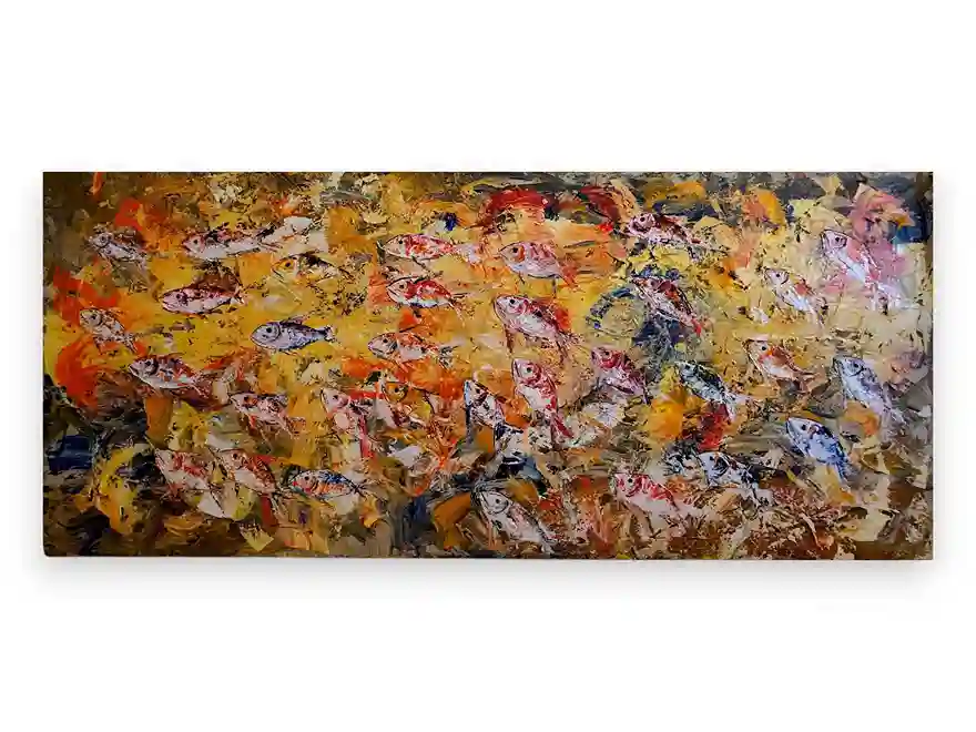Panoramic palette knife painting of golden koi fish swimming in vibrant water from Arts of Bali.
