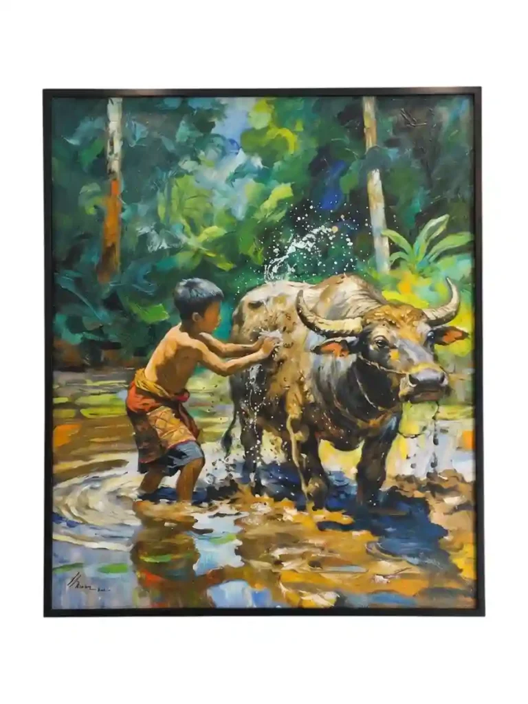 Palette knife painting of a young village boy washing a water buffalo in a sunny river from Arts of Bali.