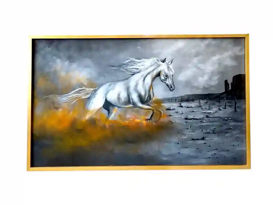 Realist oil painting of a galloping white horse emerging from fiery mist, authentic Indonesian artwork from Arts of Bali.