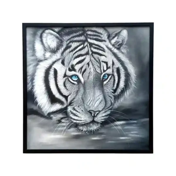 Realist square painting of a majestic white tiger with blue eyes against dark background from Arts of Bali.