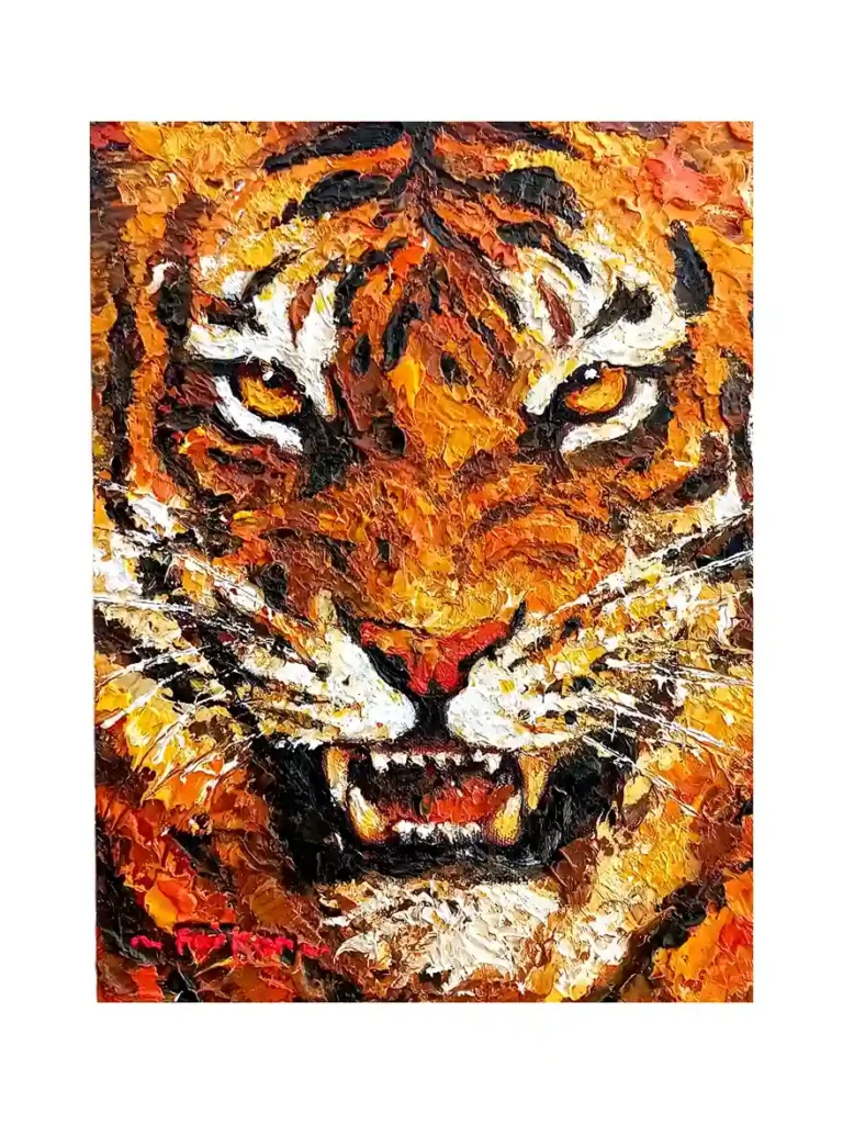 Intense close-up portrait painting of a tiger face using heavy oil palette knife technique from Arts of Bali.