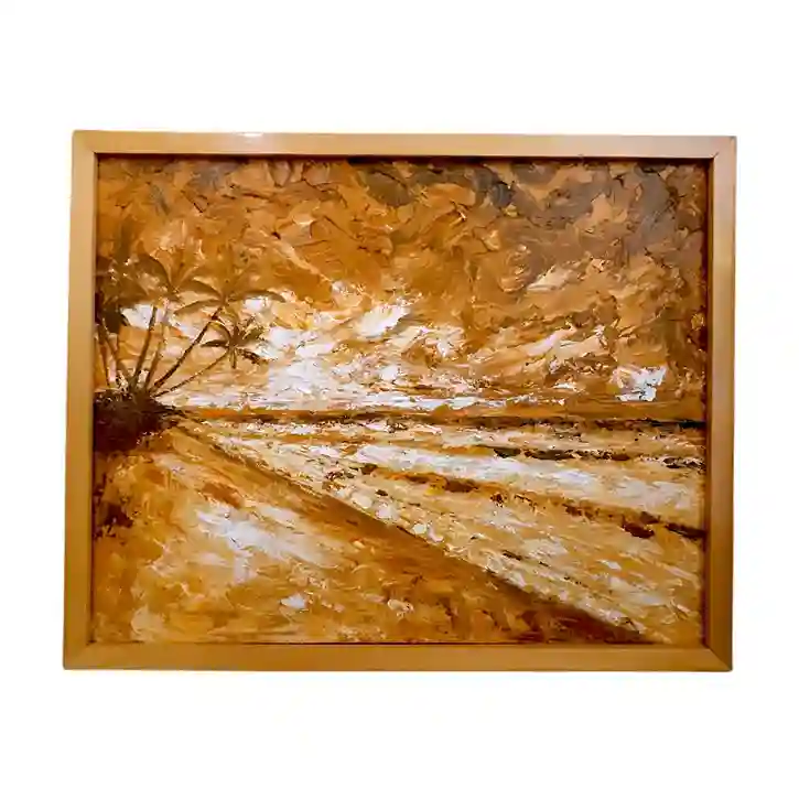Warm sepia palette knife landscape painting of palm trees along a peaceful beach from Arts of Bali.