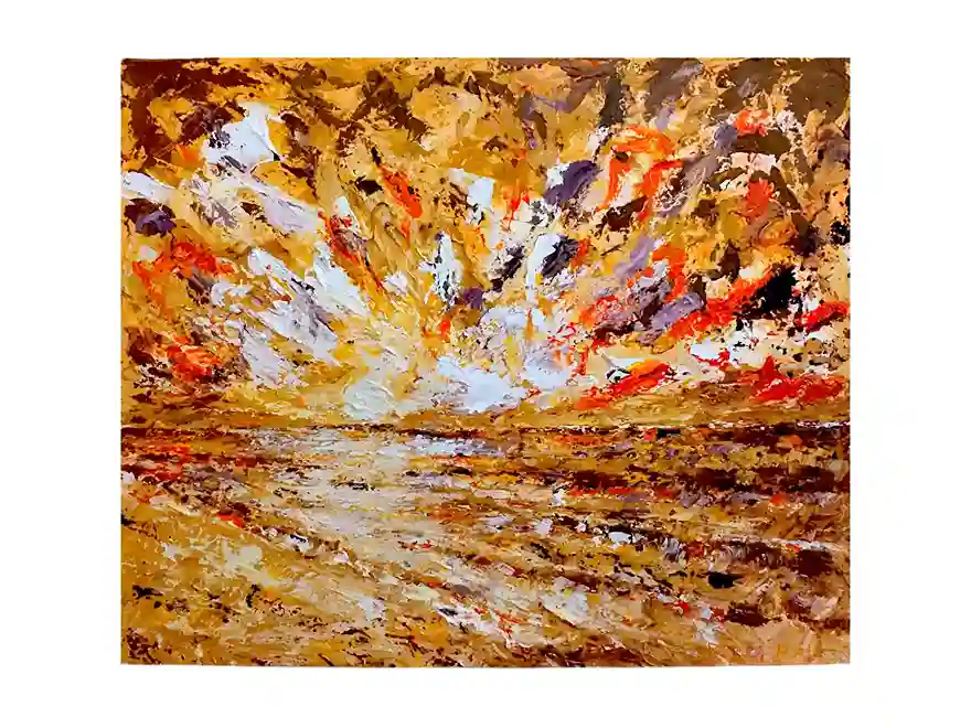Expressive palette knife painting of an explosive fiery sunset over the ocean from Arts of Bali.