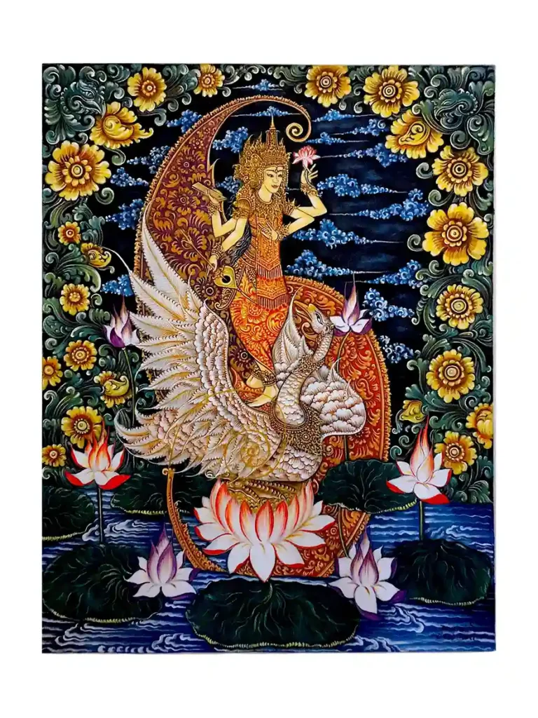 Traditional Ubud style painting of Goddess Saraswati on a sacred swan surrounded by lotuses from Arts of Bali.