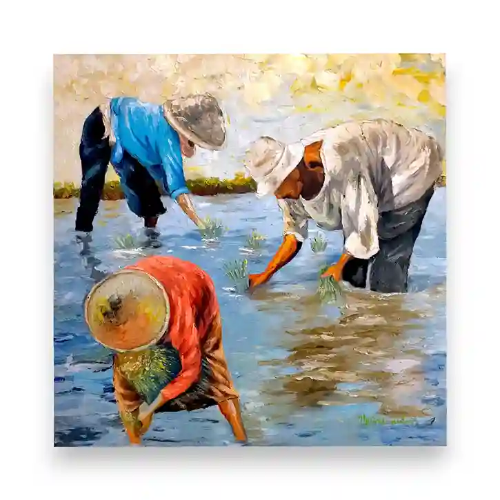 Panoramic impressionist landscape painting of a mountain river with grazing cattle from Arts of Bali.