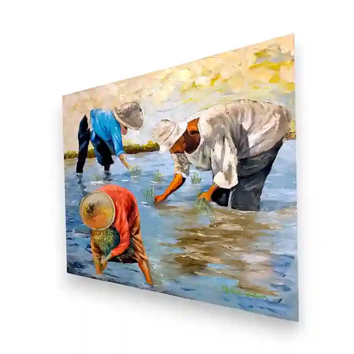 Golden Reflection: Balinese Rice Planting Painting - Arts of Bali Large scenic landscape artwork depicting snowy mountains and golden trees on canvas from Arts of Bali.