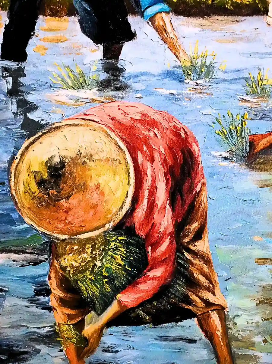 Golden Reflection: Balinese Rice Planting Painting - Arts of Bali Close-up of impressionist brushstrokes on the flowing river and mountain reflections from Arts of Bali.