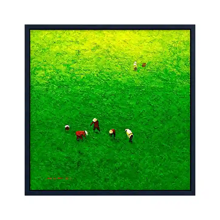 Aerial view palette knife painting of lush green Balinese rice fields with farmers from Arts of Bali.