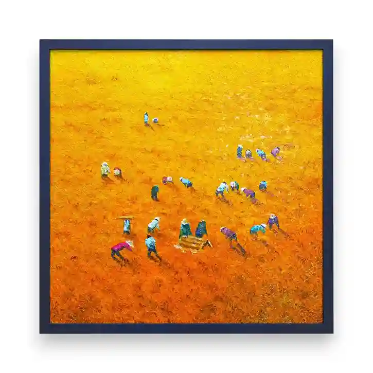 Aerial view palette oil painting of golden rice harvest fields with farmers in black frame from Arts of Bali.