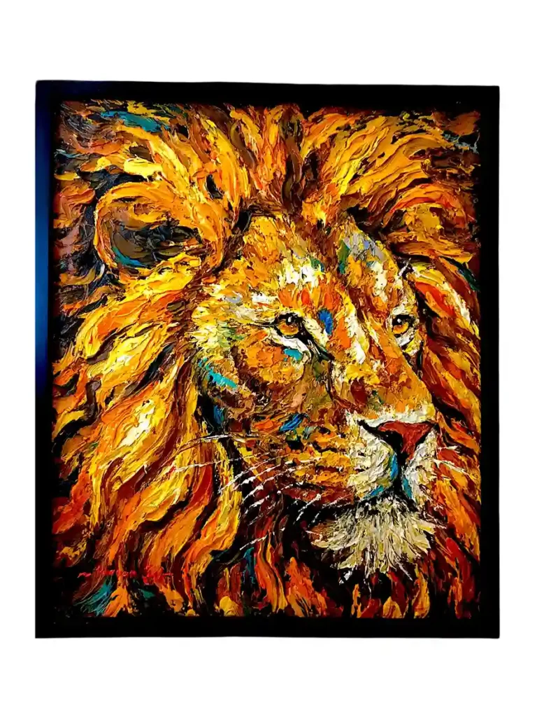 Fiery golden lion head portrait painted with heavy oil palette knife texture from Arts of Bali.
